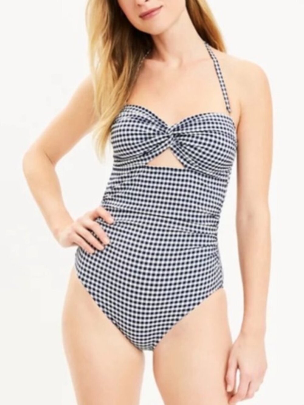 LOFT Navy Gingham Twist Bandeau One-Piece Swimsuit - SIZE SMALL